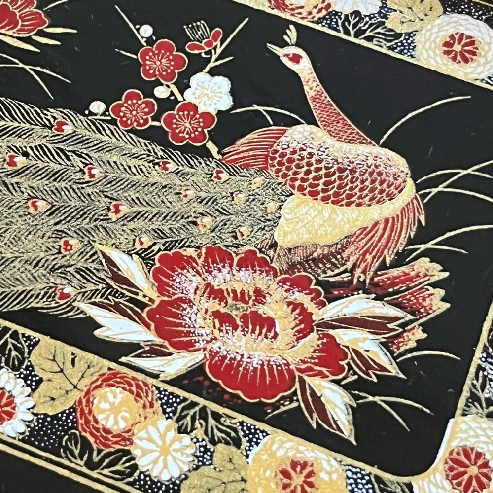 Vintage Japan lacquerware black gold peacock floral serving trays, set of two